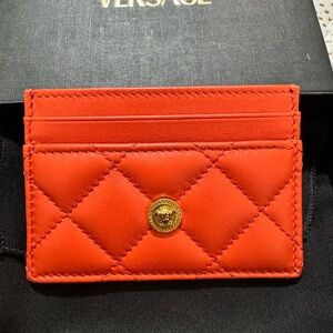 Versace Quilted Red Card Holder with Gold Medallion
